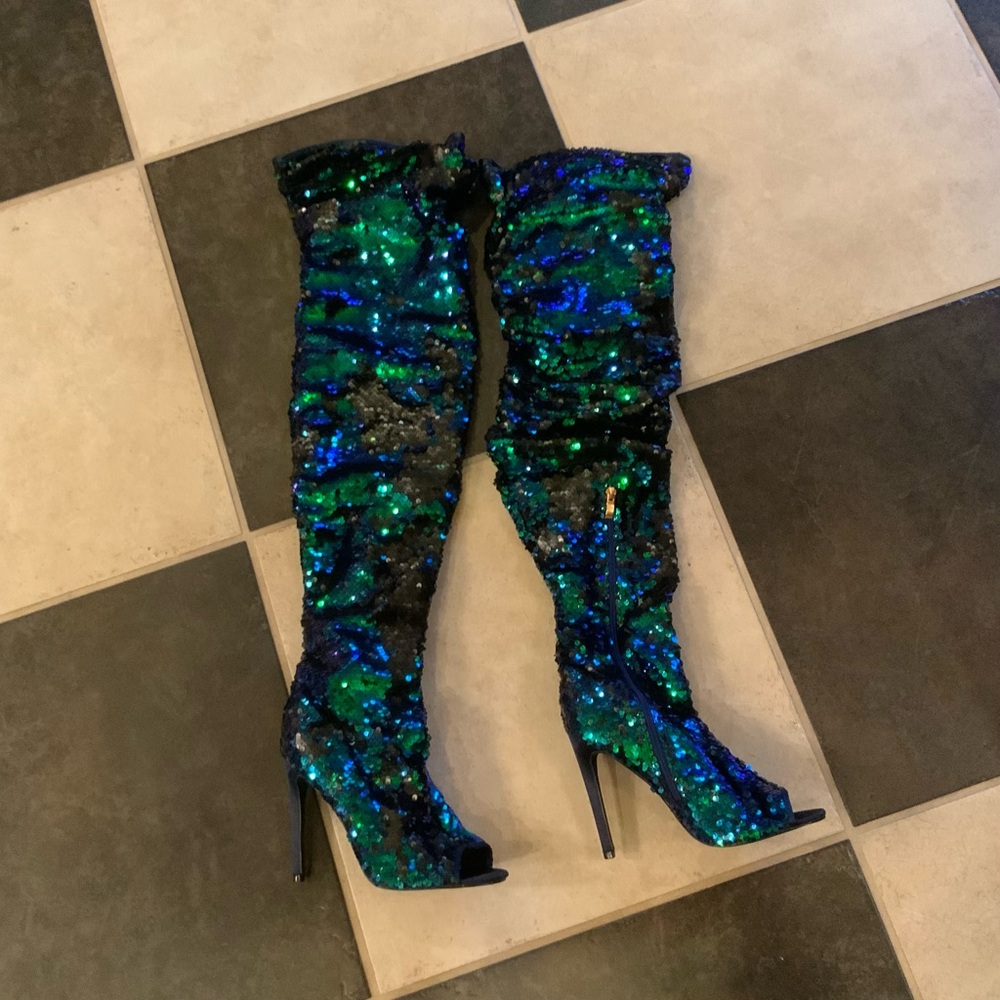 Women's Peep Toe, Thigh High Slouch, Zipper, Sequin Over The Knee Boots US9 EU40